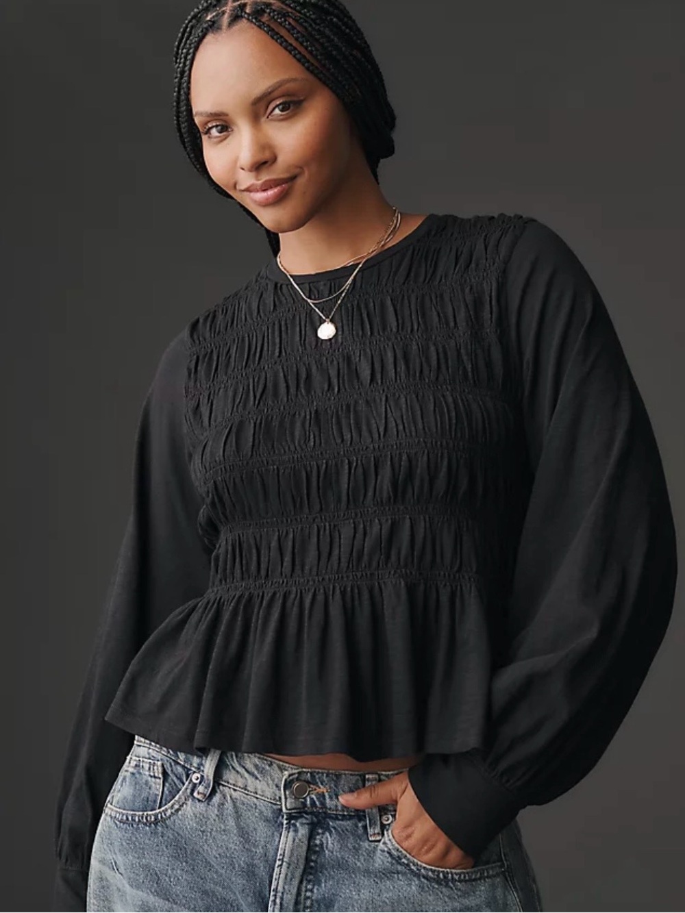 Pilcro Black Smocked Peplum Long-Sleeve Top - Picture 2 of 4
